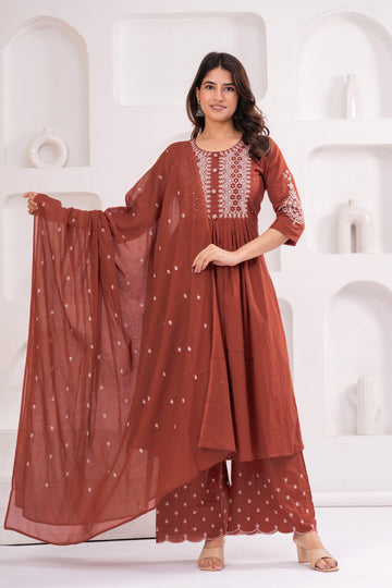 Pure Cotton A-line Dupatta Set With Embroidery Palazzo Pant CS0103