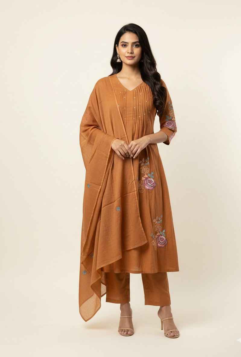 Pure Cotton A Line Three Piece Dupatta Set