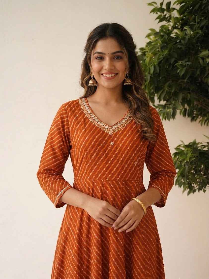 Pure Cotton Anarkali Suit with Lehraiya Print