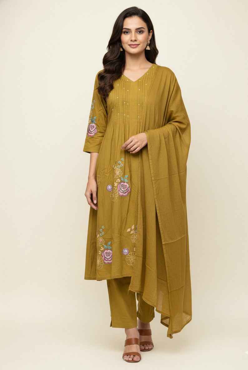 Pure Cotton A Line Three Piece Dupatta Set