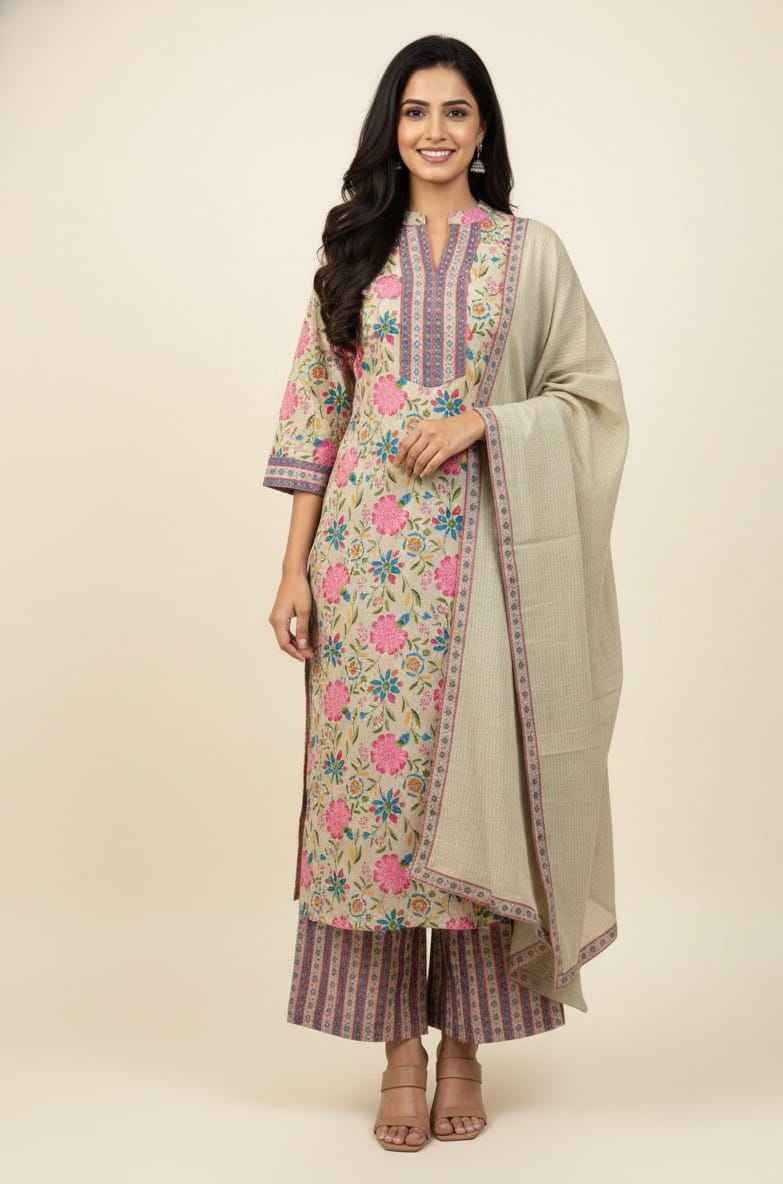 Premium Cotton Floral Print Dupatta Kota Doriya Set With Embroidery CS0185