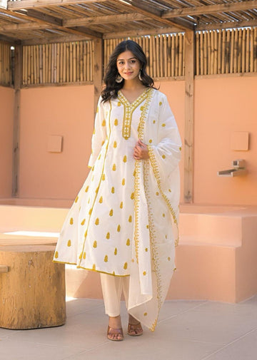 Pure cotton A line with embroidery Dupatta set with inner CS098