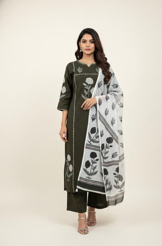 Premium Cotton A-Line Block Print With Kota Doriya Dupatta Set CS0171
