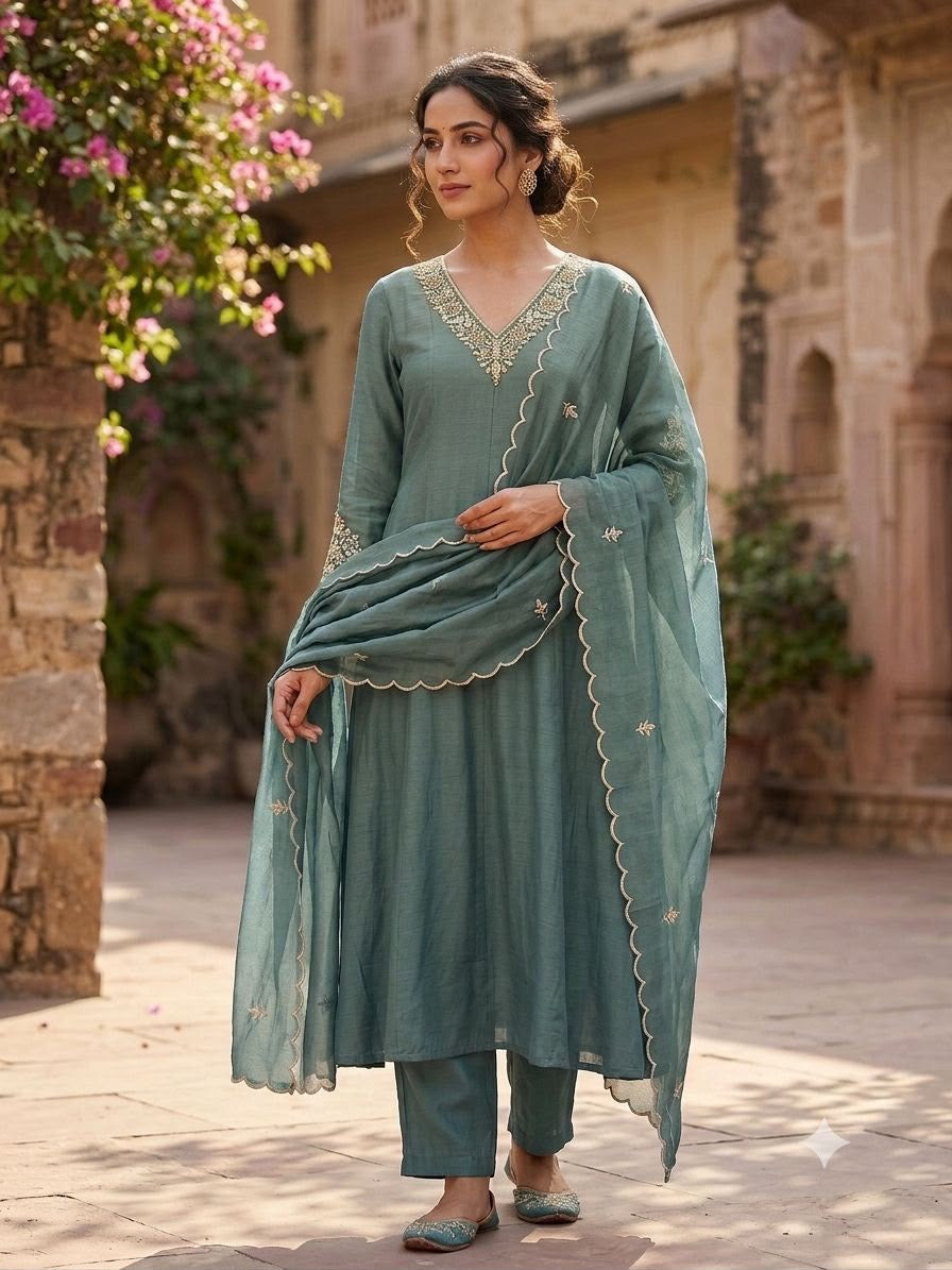 Mul Chanderi Silk Embroidered Dupatta Set