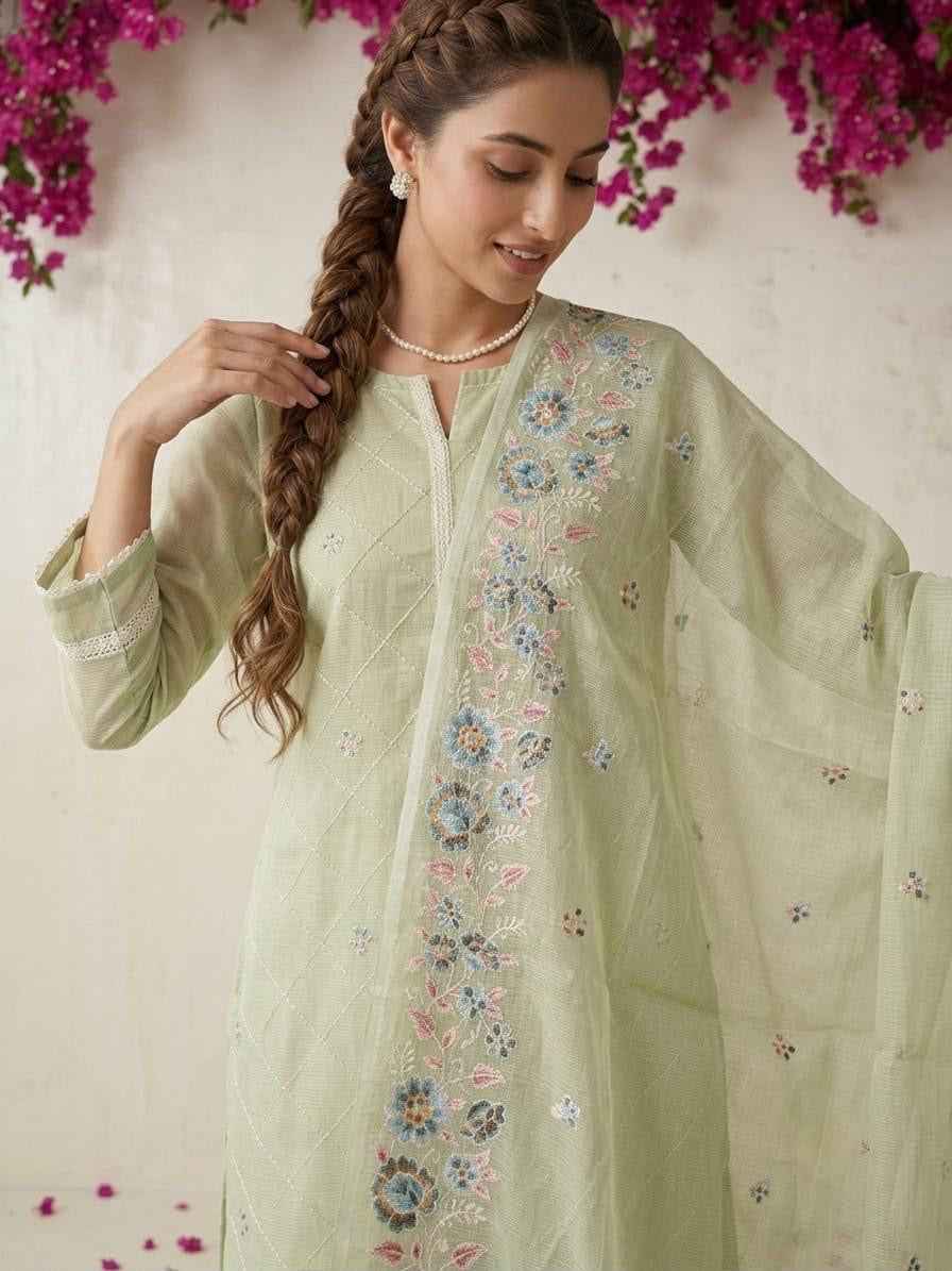 Embroidered Dupatta Set In Kota Doriya Fabric KD044