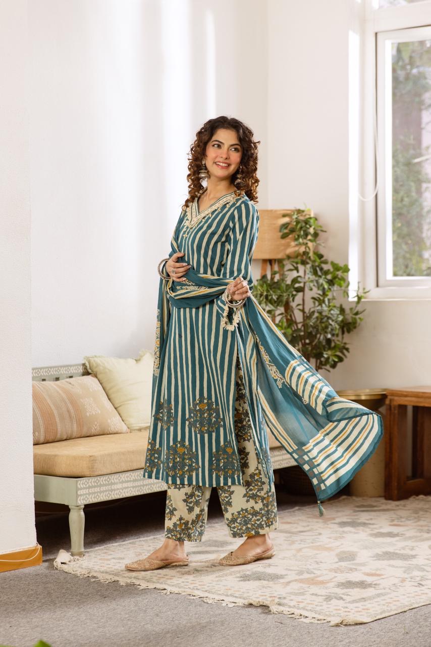 Cotton Stripes Print Dupatta Set CS0382