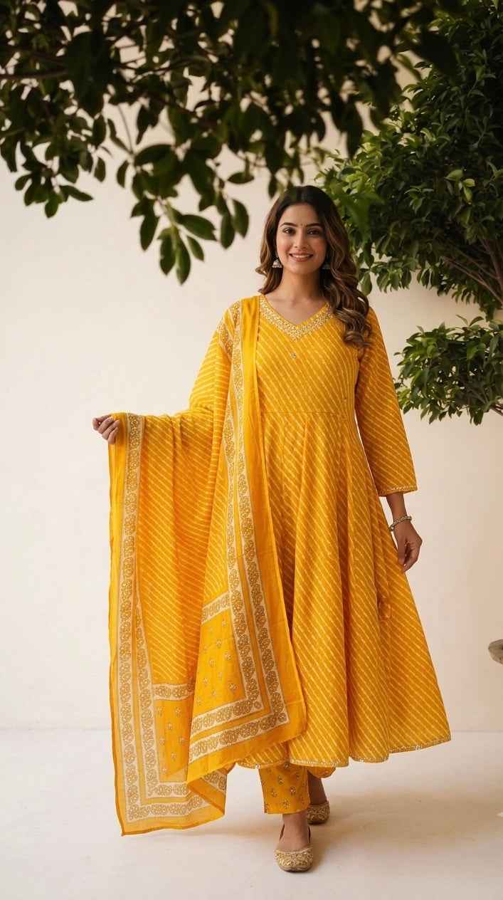 Pure Cotton Anarkali Suit with Lehraiya Print