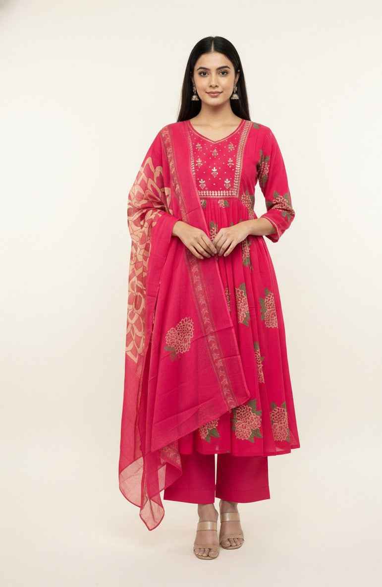 Pure Cotton A Line Three Piece Dupatta Set