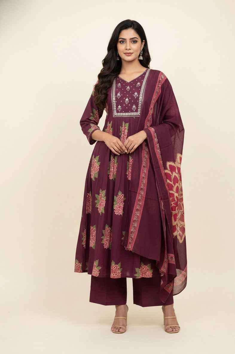 Pure Cotton A Line Three Piece Dupatta Set
