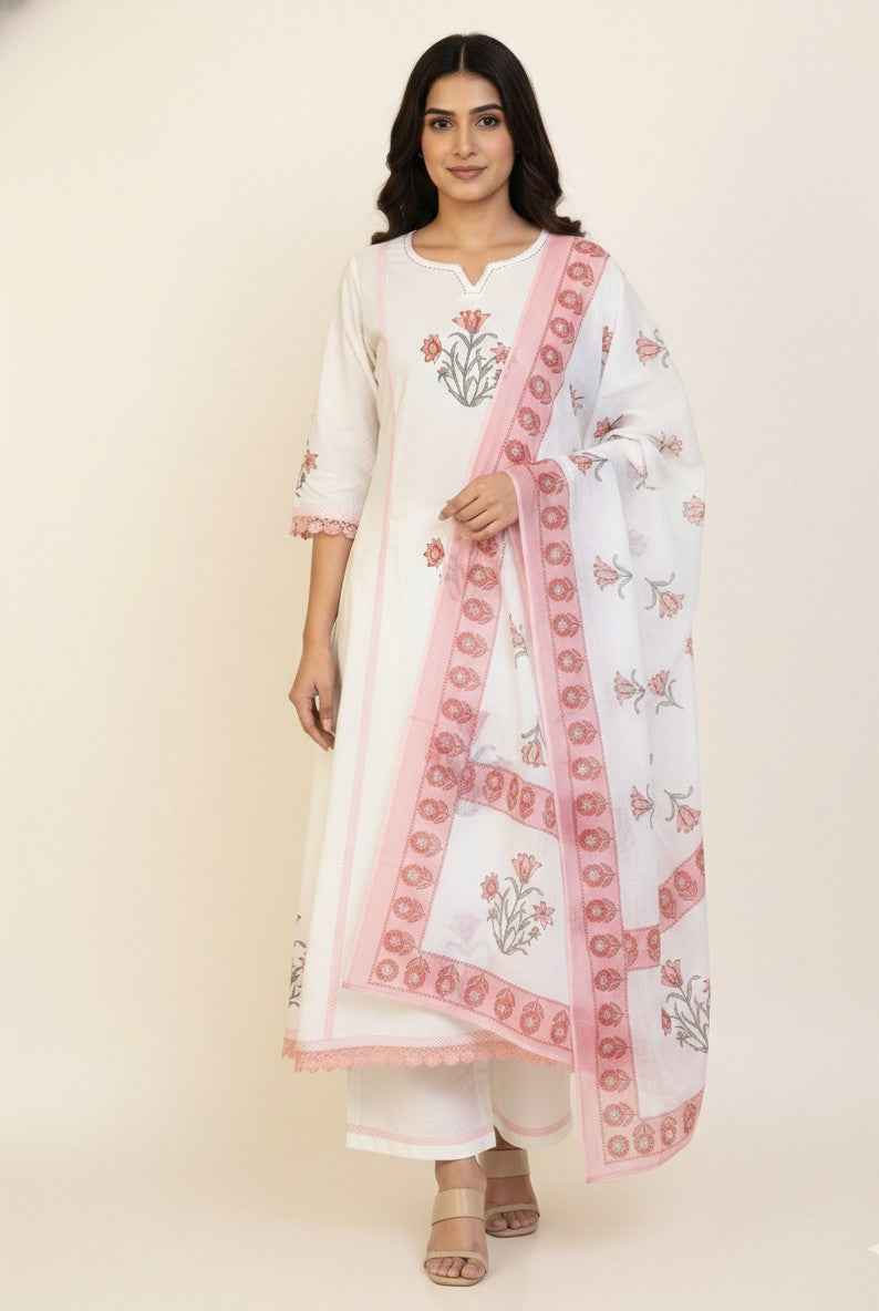 Pure Cotton A Line Anarkali Dupatta Set