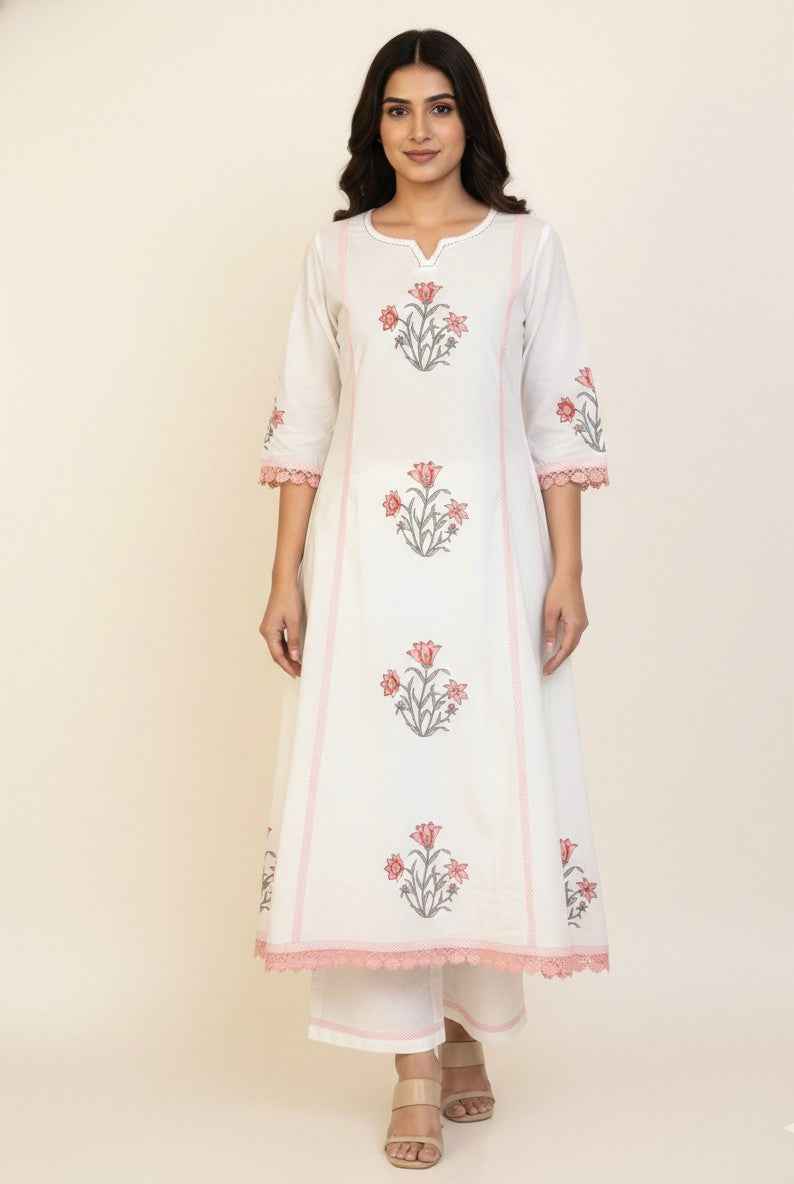 Pure Cotton A Line Anarkali Dupatta Set