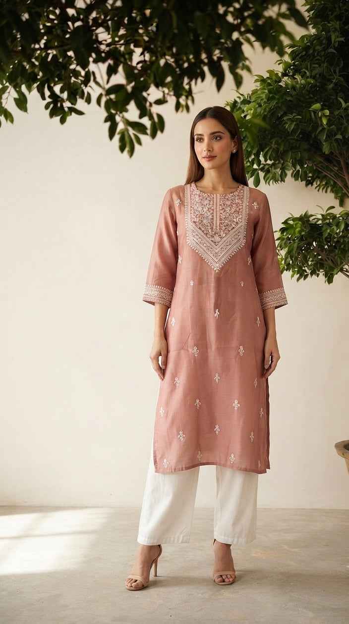 Pure Muslin Single Kurta With Embroidery