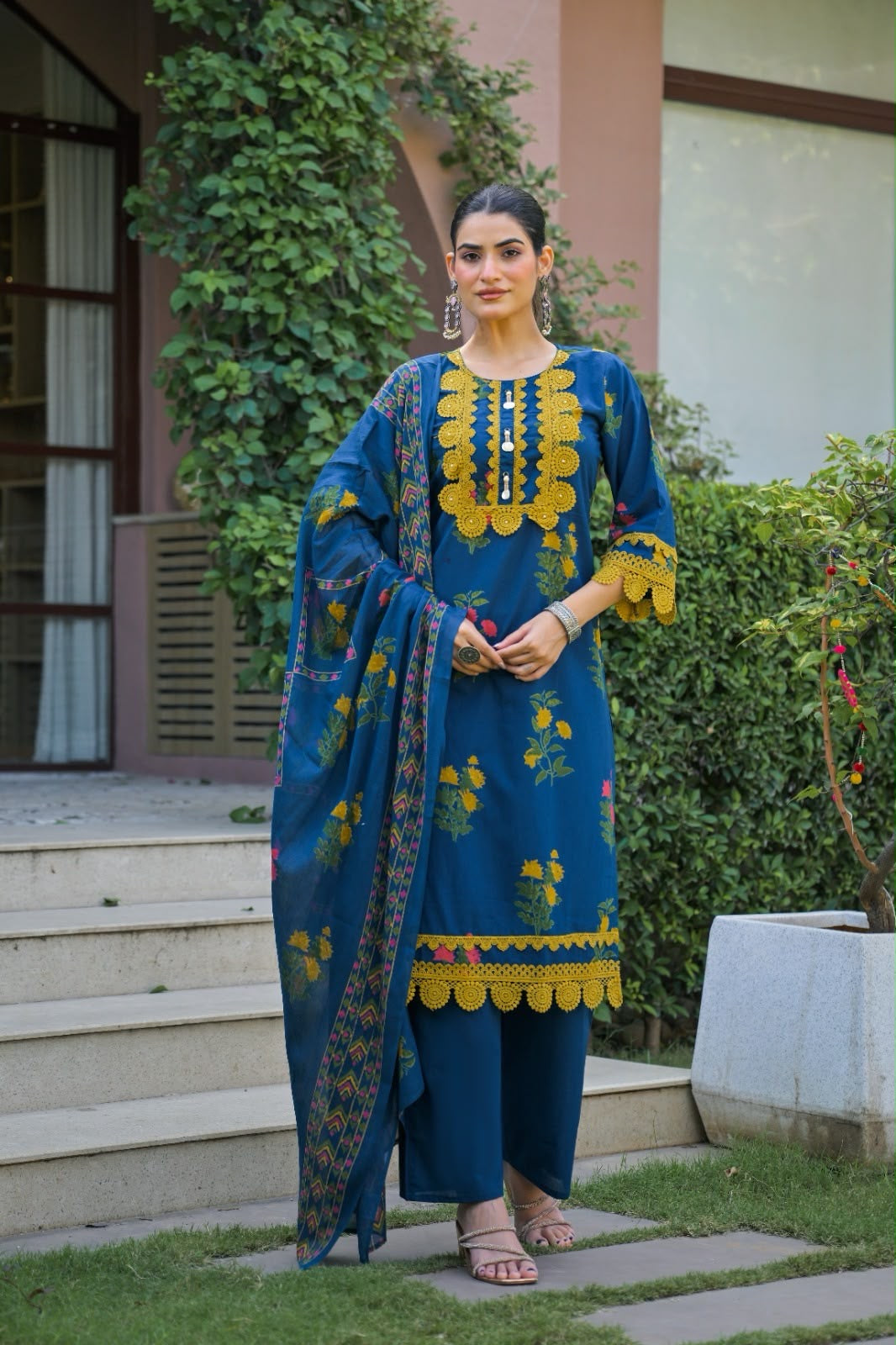 Pure Cotton Dupatta Set With Lace Work CS0351