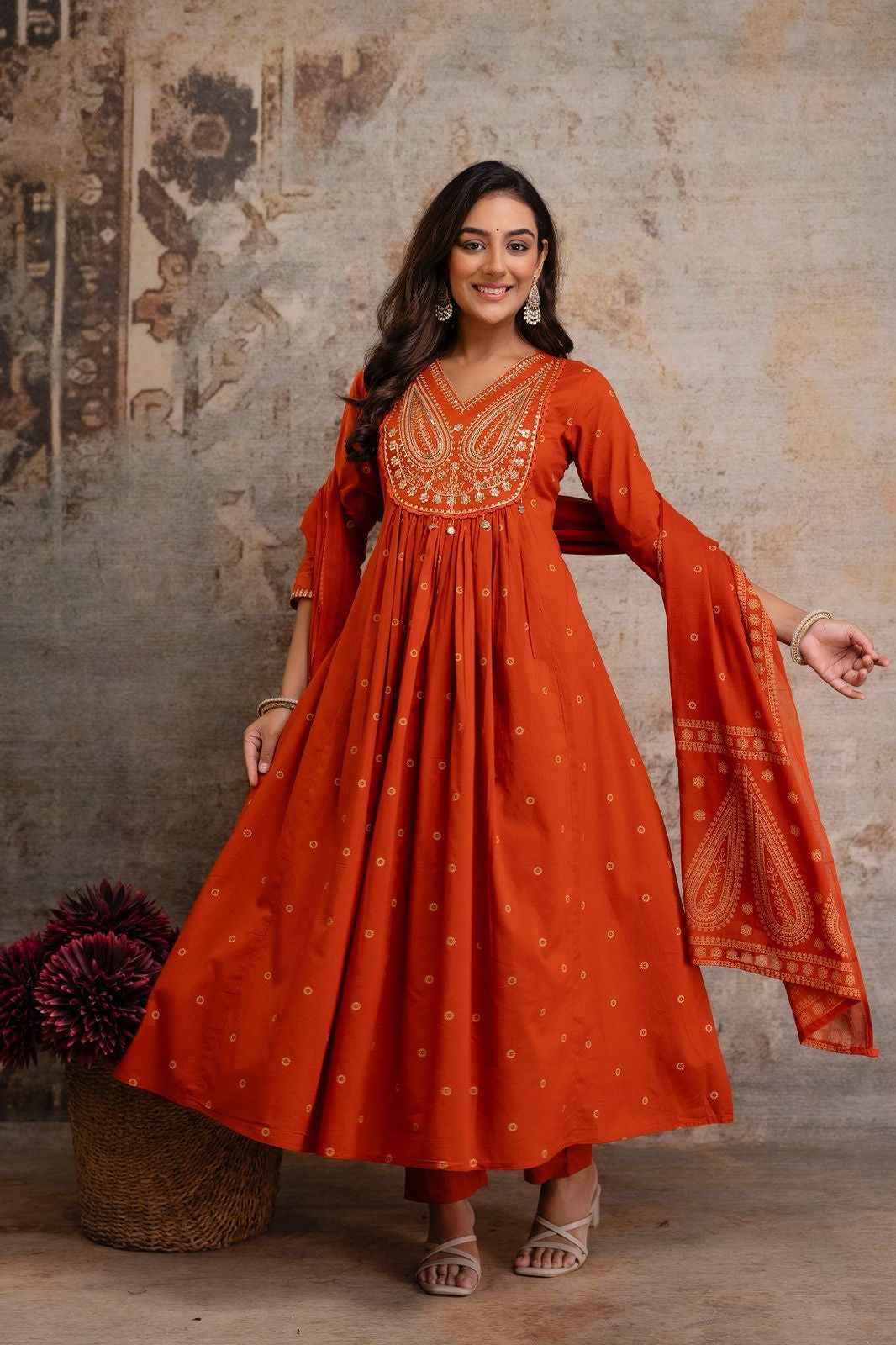 Pure cotton foil print a-line dupatta set