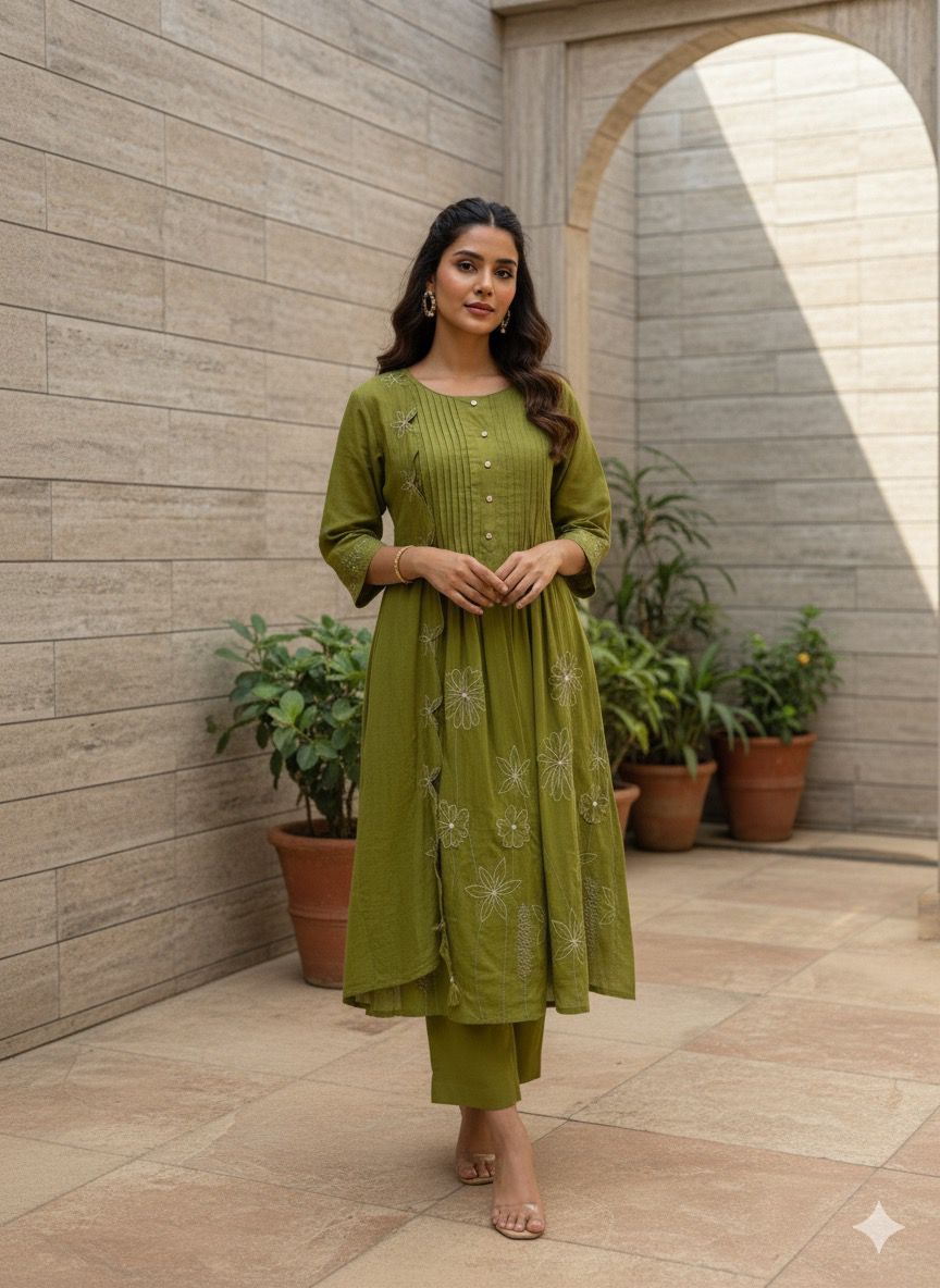 Pure Cotton A Line Dupatta Set With Embroidery Work CS0100