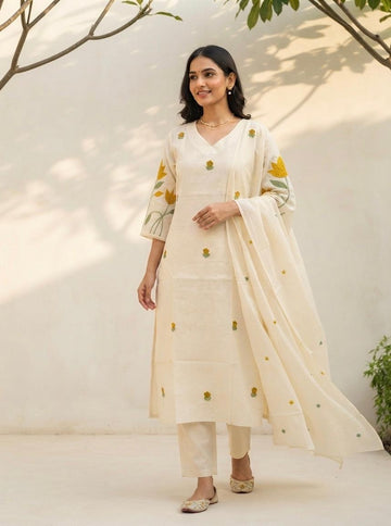 Pure Chanderi Silk Three Piece Embroidered Dupatta Set CHS030