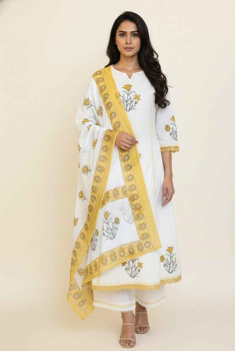 Pure Cotton A Line Anarkali Dupatta Set