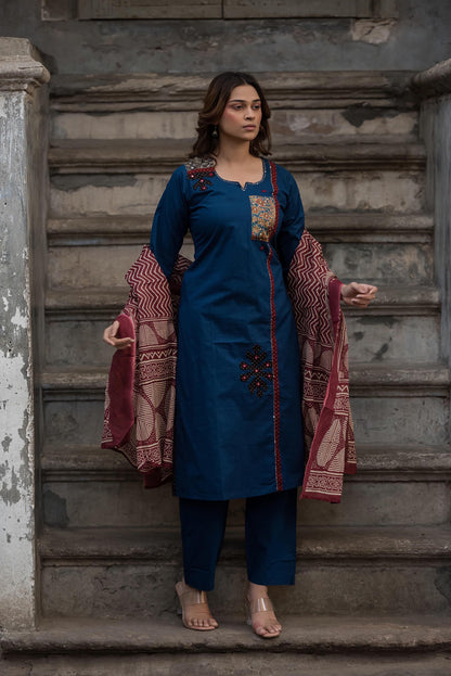 Premium Cotton Appliqué Work With Kota Doriya Dupatta Set CS0155