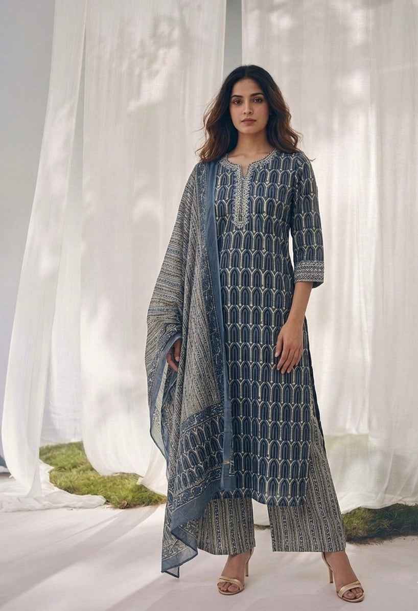 Pure Cotton Three Piece Dupatta Set