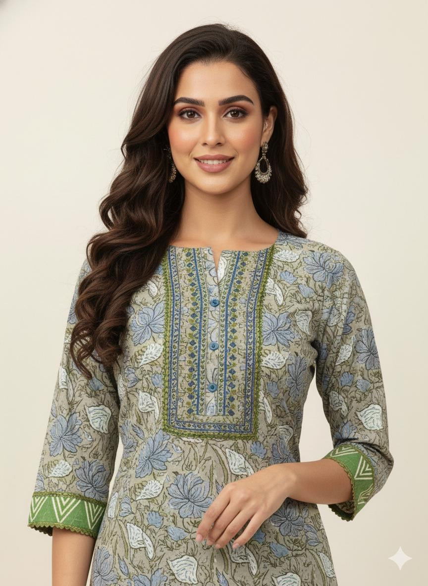 Premium cotton floral print with Kota doriya Dupatta set