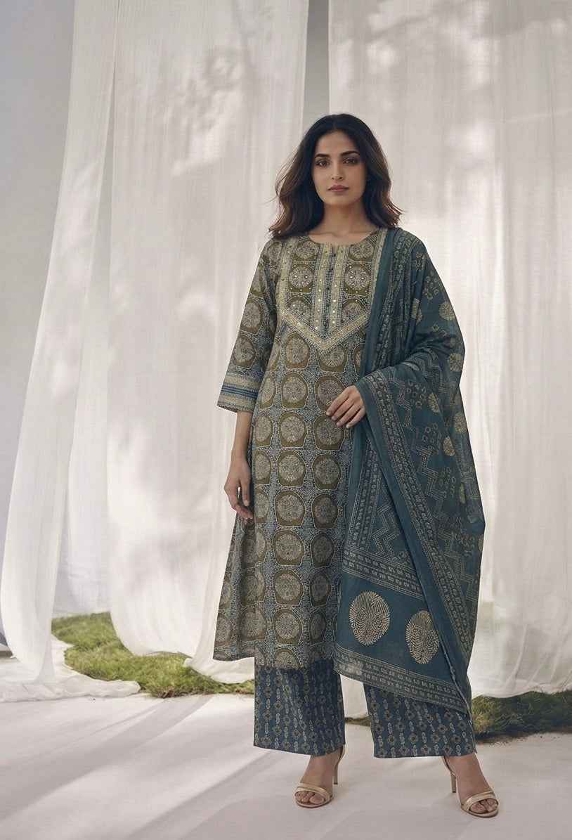 Pure Cotton Three Piece Dupatta  Set