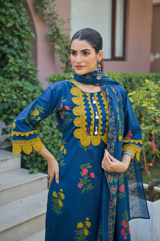 Pure Cotton Dupatta Set With Lace Work CS0351