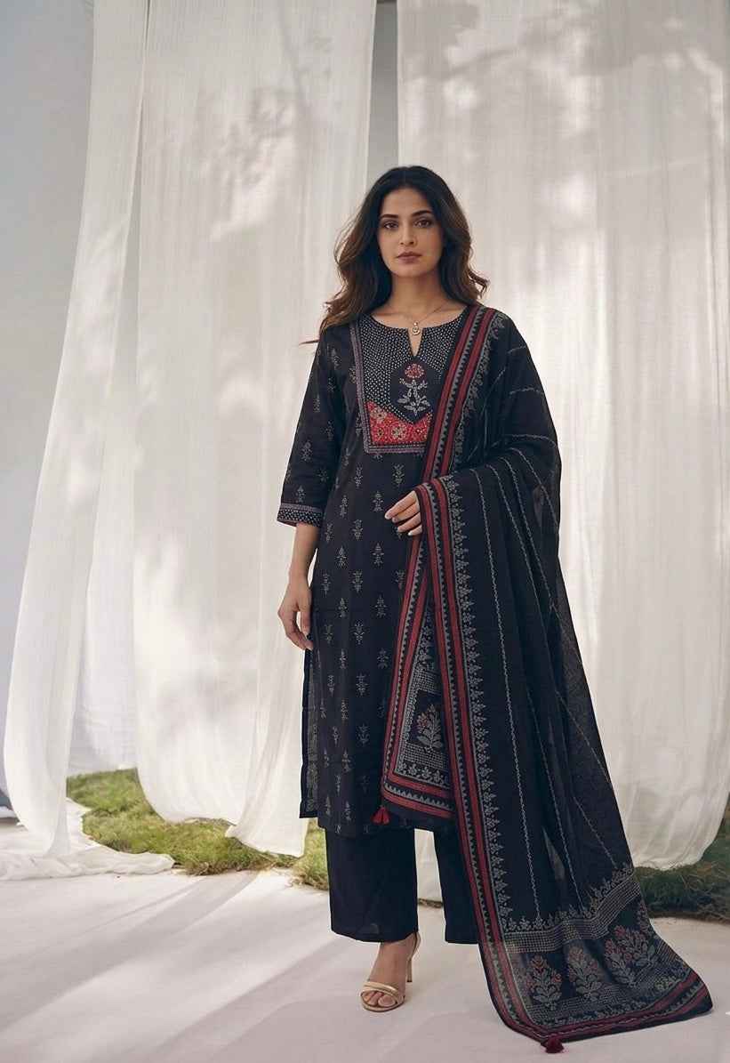 Pure Cotton Three Piece Dupatta  Set With Embroidery
