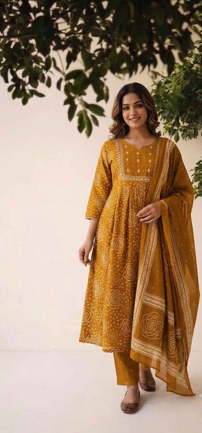 Pure Cotton Dupatta Suit With Bandhej Print