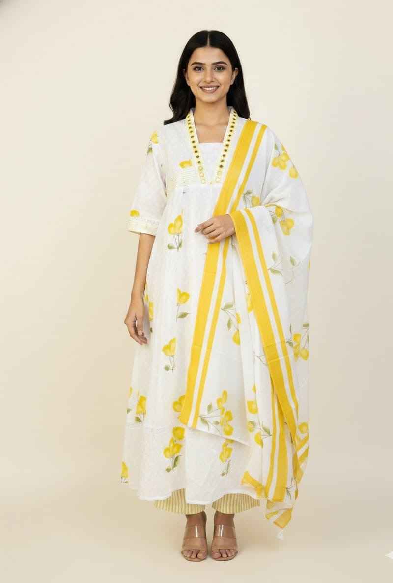 Premium Cotton Floral Print Anarkali With Kota Doriya Dupatta Set With Inner  ANK030