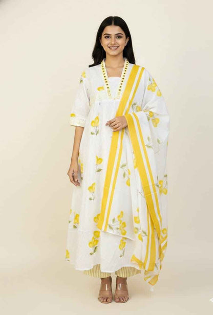 Premium Cotton Floral Print Anarkali With Kota Doriya Dupatta Set With Inner  ANK030