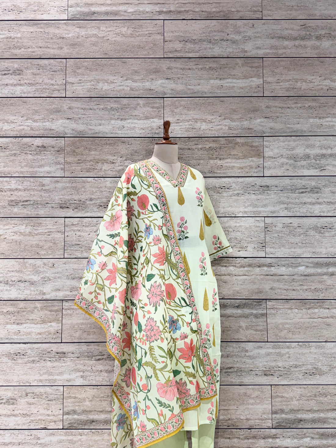 Light Yellow Hand Block Cotton Dupatta Set FL020