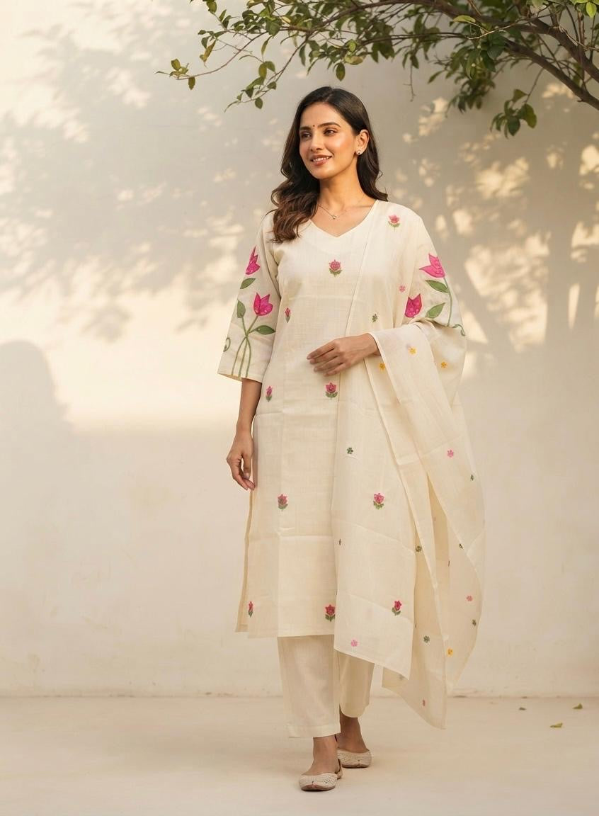 Pure Chanderi Silk Three Piece Embroidered Dupatta Set CHS030