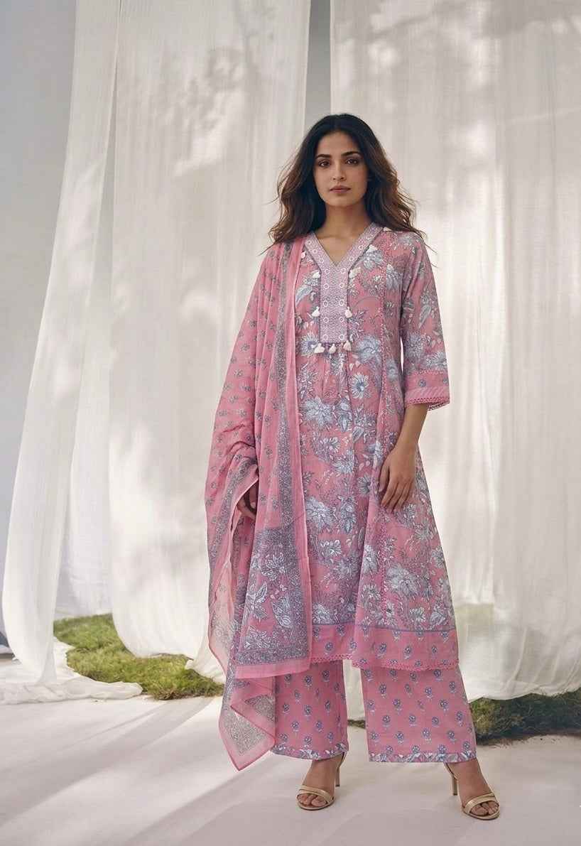 Pure Cotton Three Piece Dupatta  Set