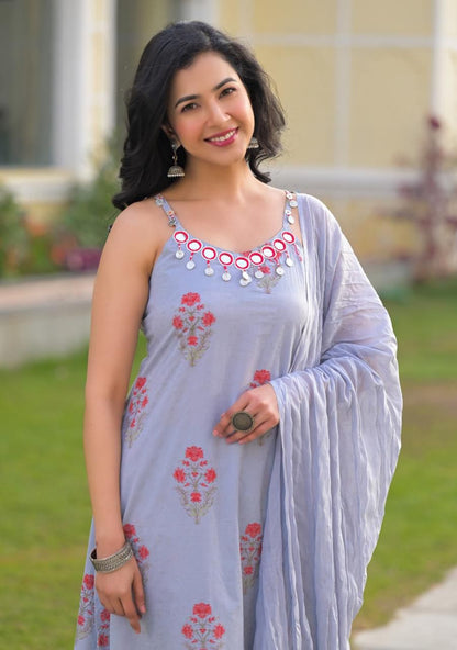 Premium Cotton Sleeveless Floral Print Dupatta Set CS0157