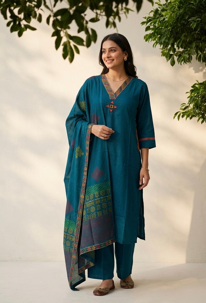 Premium Dabu Cotton Solid Base With Printed Dupatta Set COS325