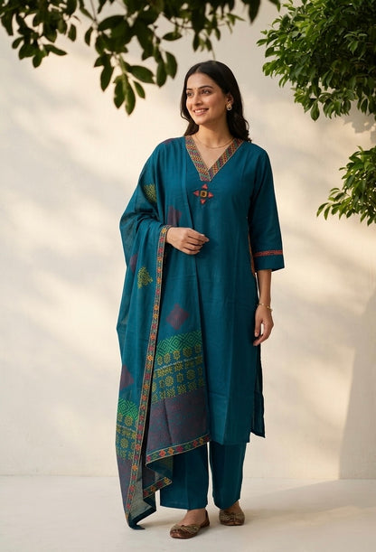 Premium Dabu Cotton Solid Base With Printed Dupatta Set COS325