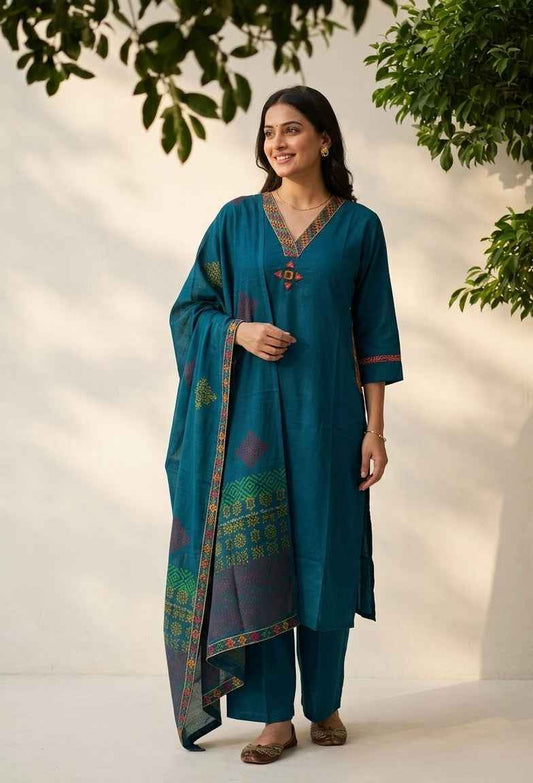 Premium Dabu Cotton Solid Base With Printed Dupatta Set CS0325