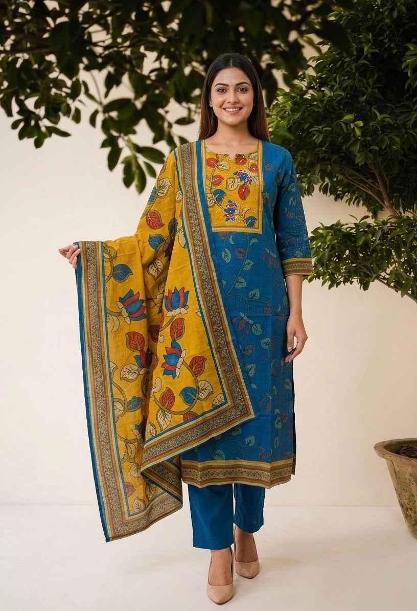Pure Cotton Digital Print Three Piece Dupatta Set