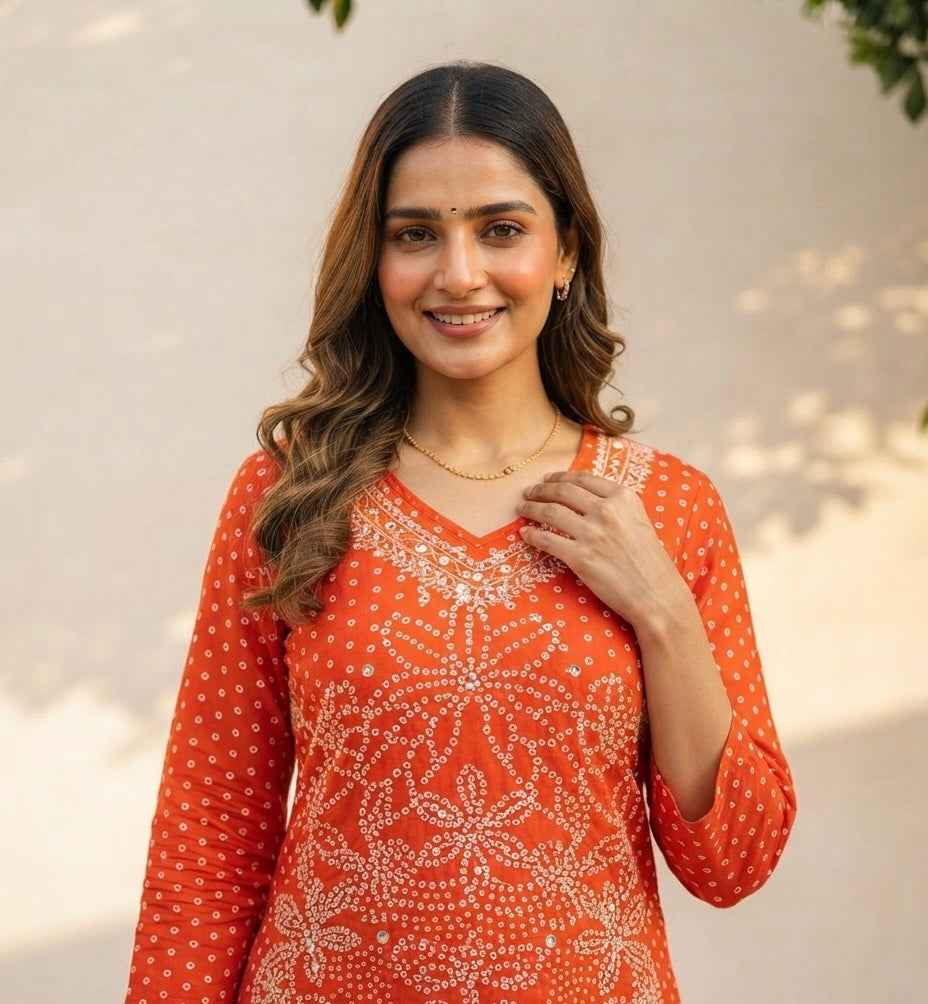 Pure Cotton A  Line Dupatta Set With Bandhej Print CS0284