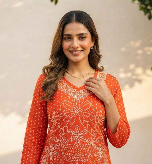 Pure Cotton A  Line Dupatta Set With Bandhej Print CS0284