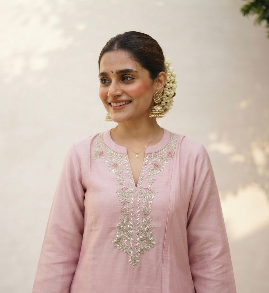 Chanderi Kurta With Handwork Gota Patti Work On Neck With Dupatta CHS019