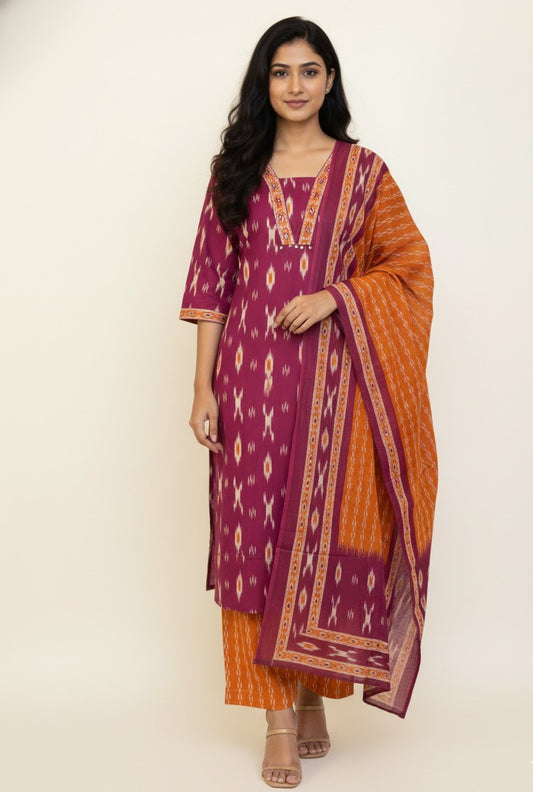 Ikkat Print Pure Cotton Straight Fit Dupatta Set CS0180