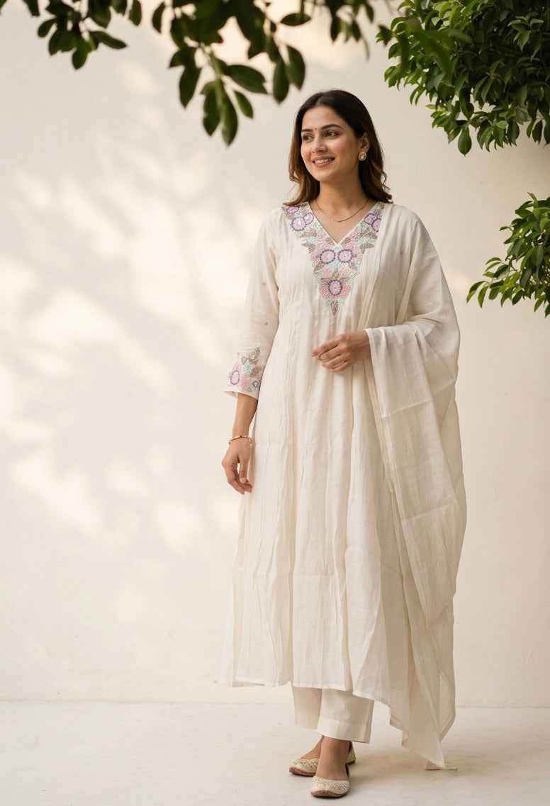 A Line Mul Chanderi Dupatta Set With Handwork MLC24