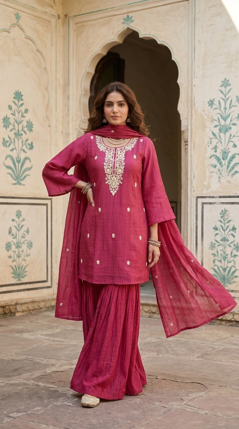 Embroidered mul chanderi crust kurta and sharara set with lining
