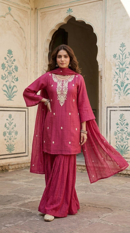 Embroidered mul chanderi crust kurta and sharara set with lining