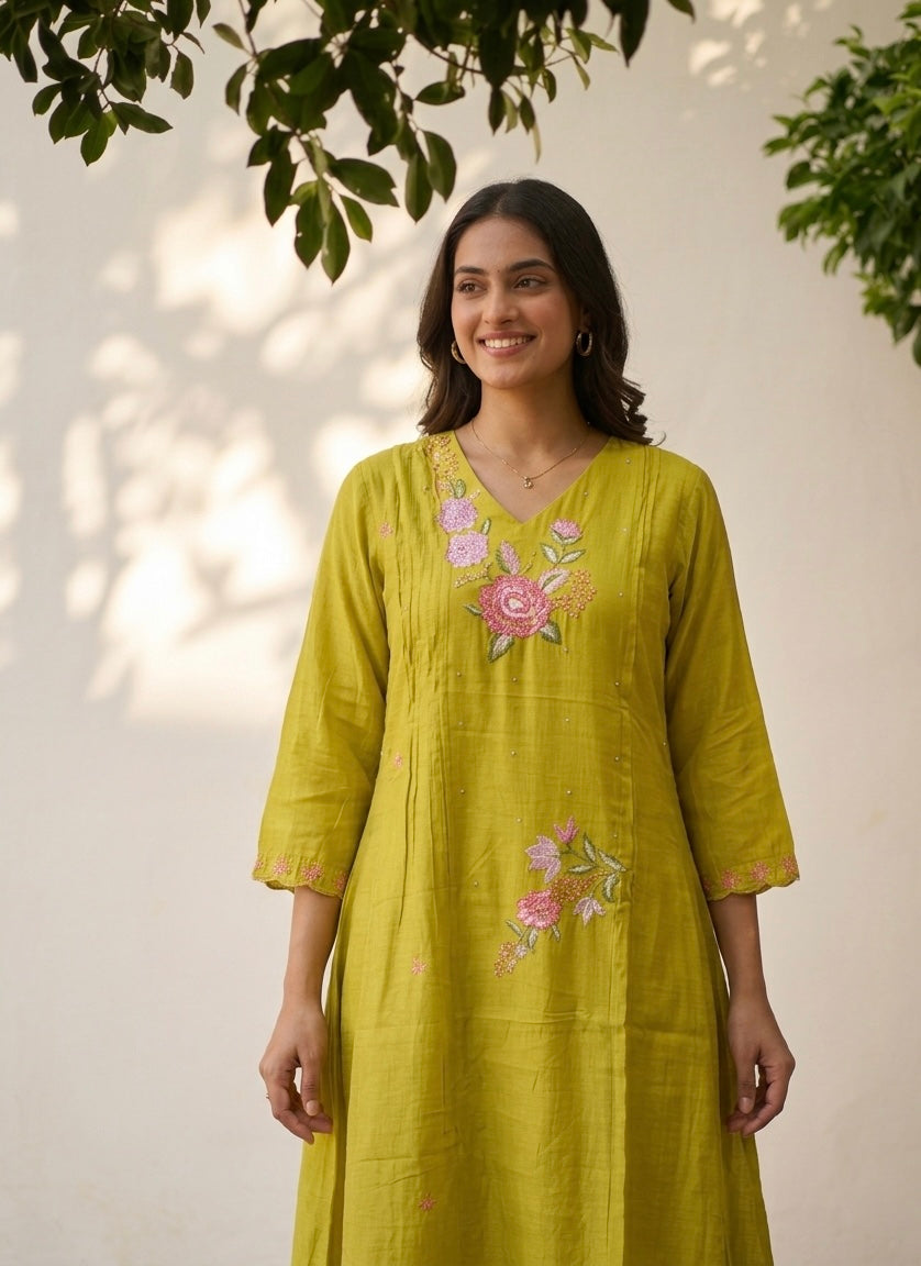 A Line Dupatta Set In Silk Fabric
