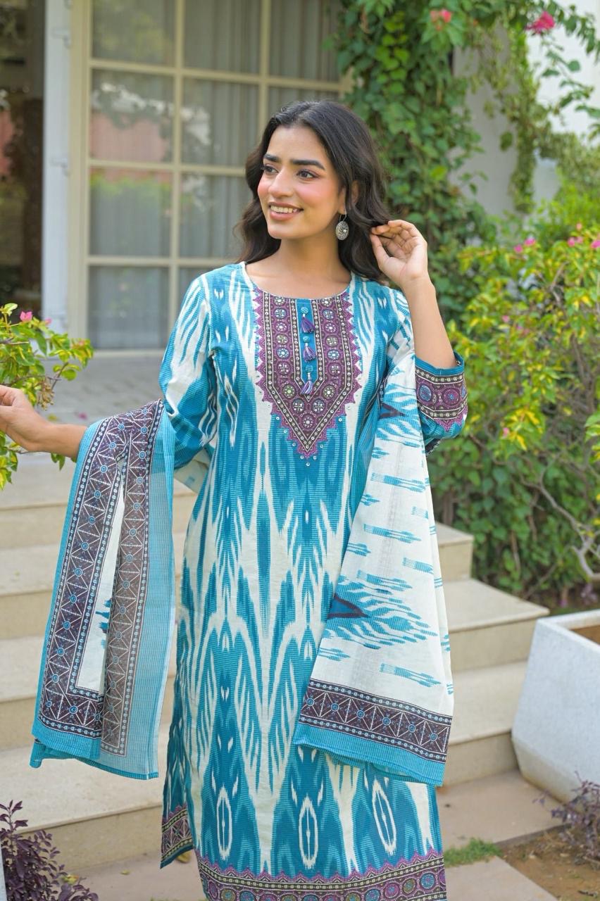 Ikkat Print White Base Pure Cotton Dupatta Set