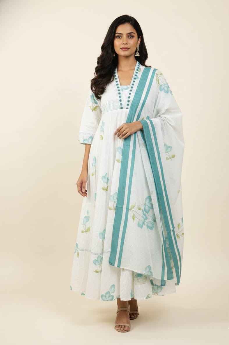 Premium Cotton Floral Print Anarkali With Kota Doriya Dupatta Set With Inner  ANK030