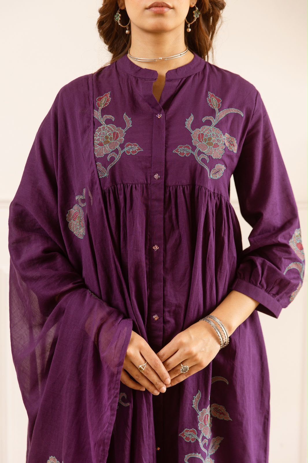 Mul Cotton With Inner Dupatta Set With Cross Stich Embroidery MC043