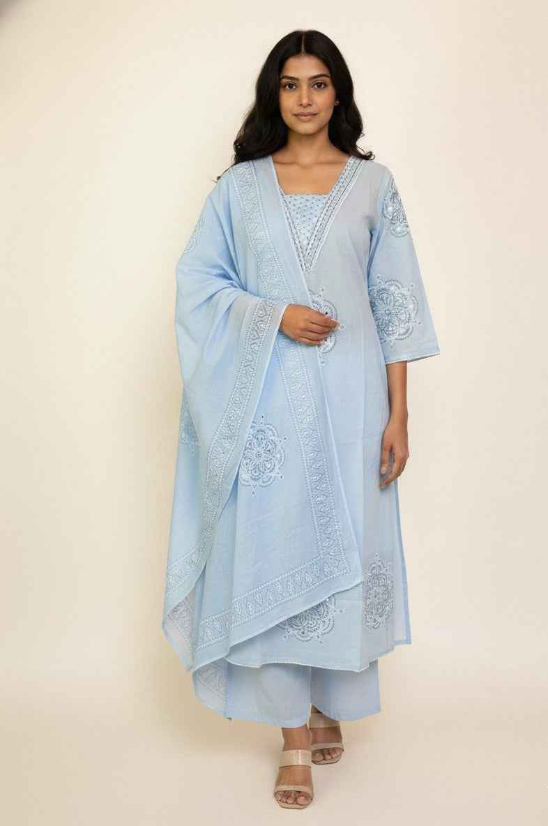 Pure Cotton A Line Three Piece Dupatta Set